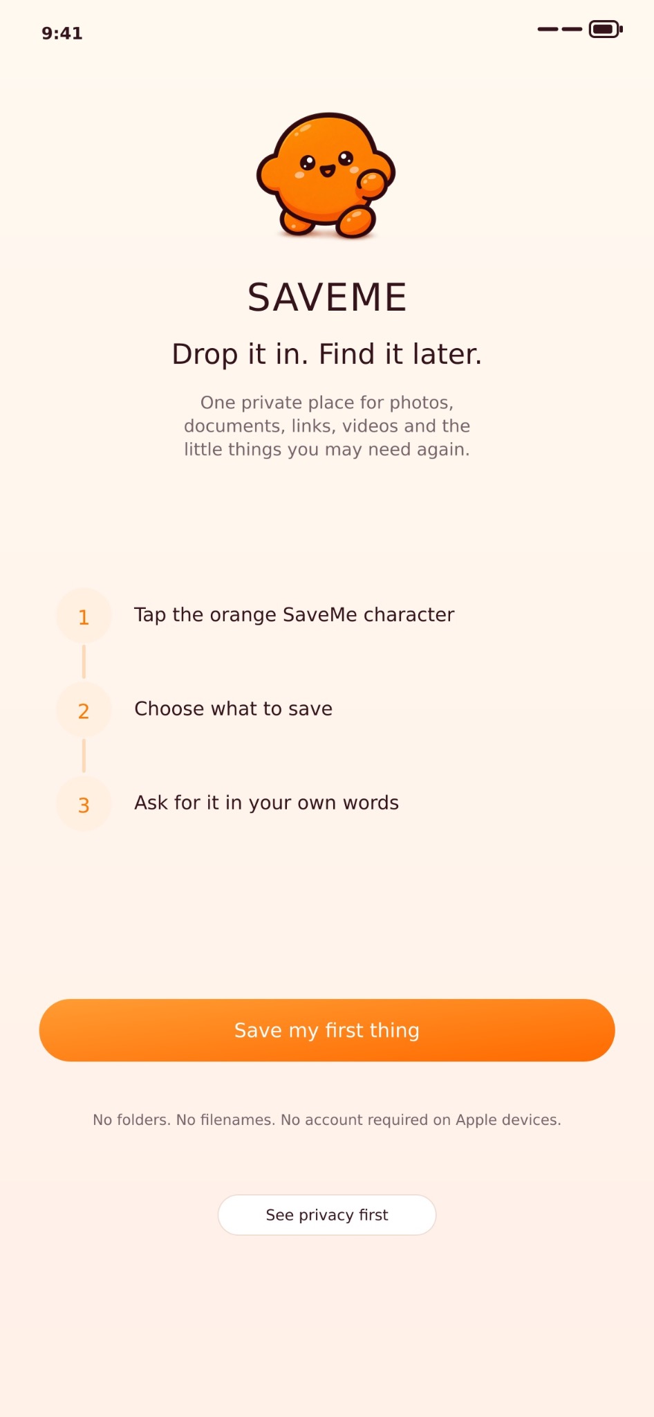SaveMe onboarding interface shown on a mobile screen